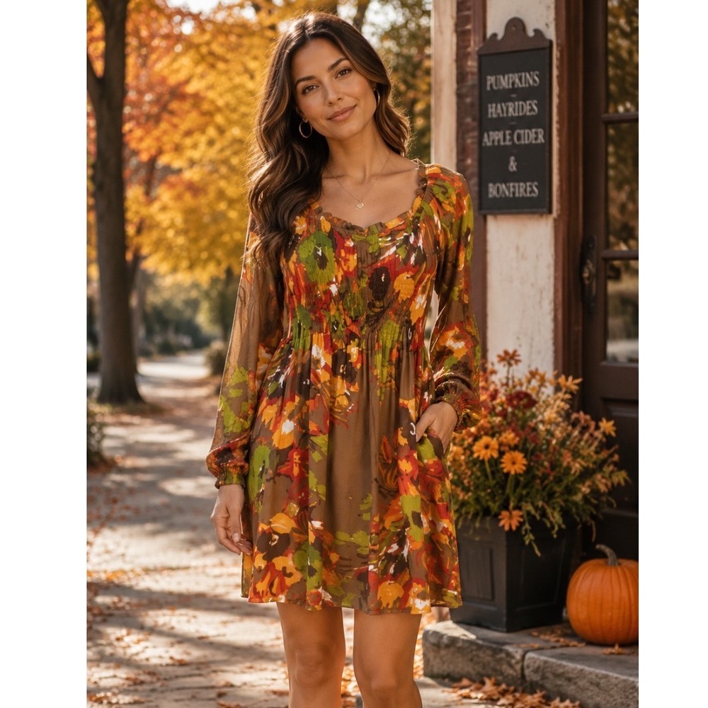 Signature by Robbie Bee Floral Plisse Smocked Waist Dress Brown Orange Green 12